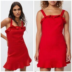 Mango Red Pure Linen Sheath Ruffle Peplum Mini Dress